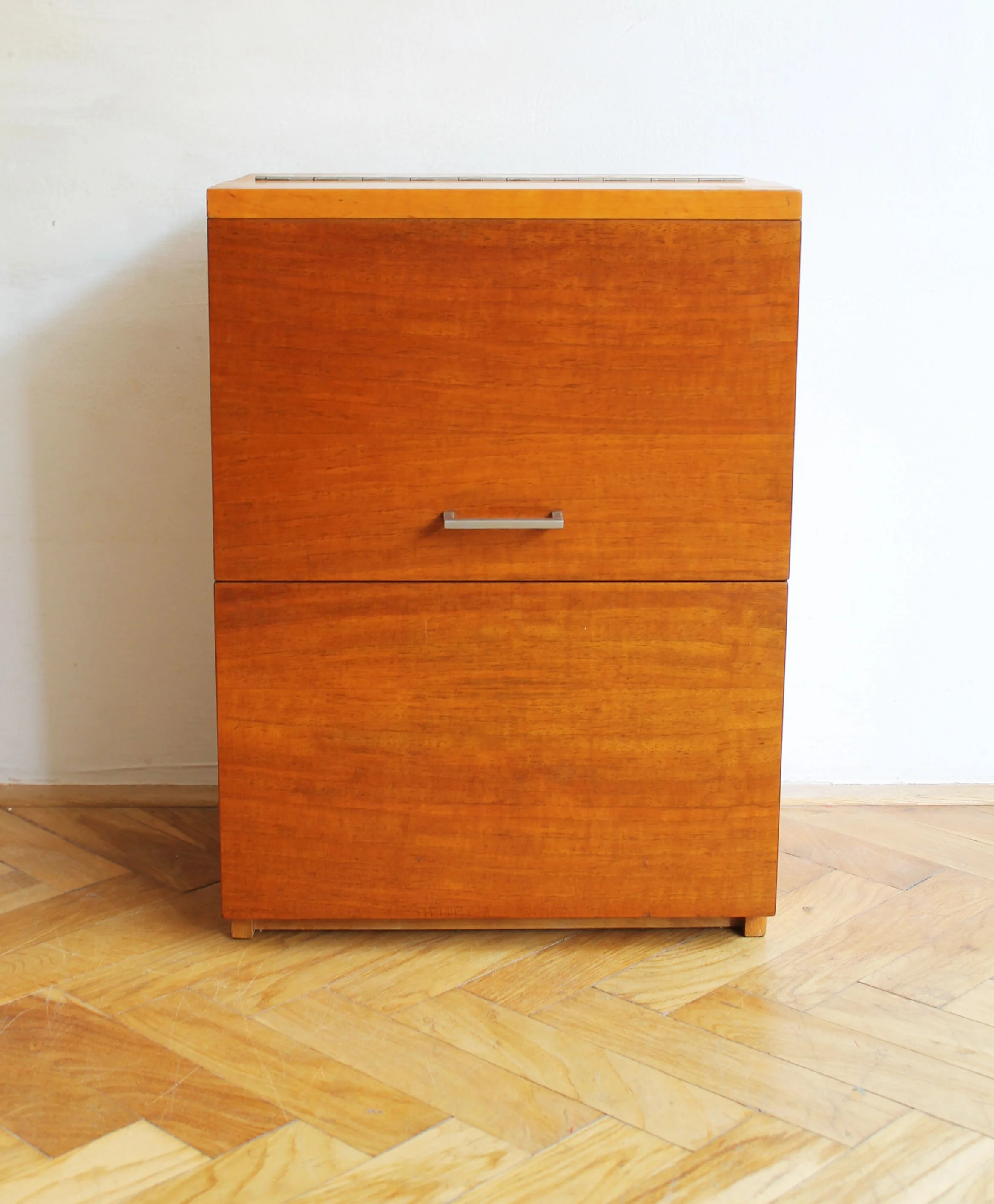 Front view of 1960s wooden cabinet with steel handle
