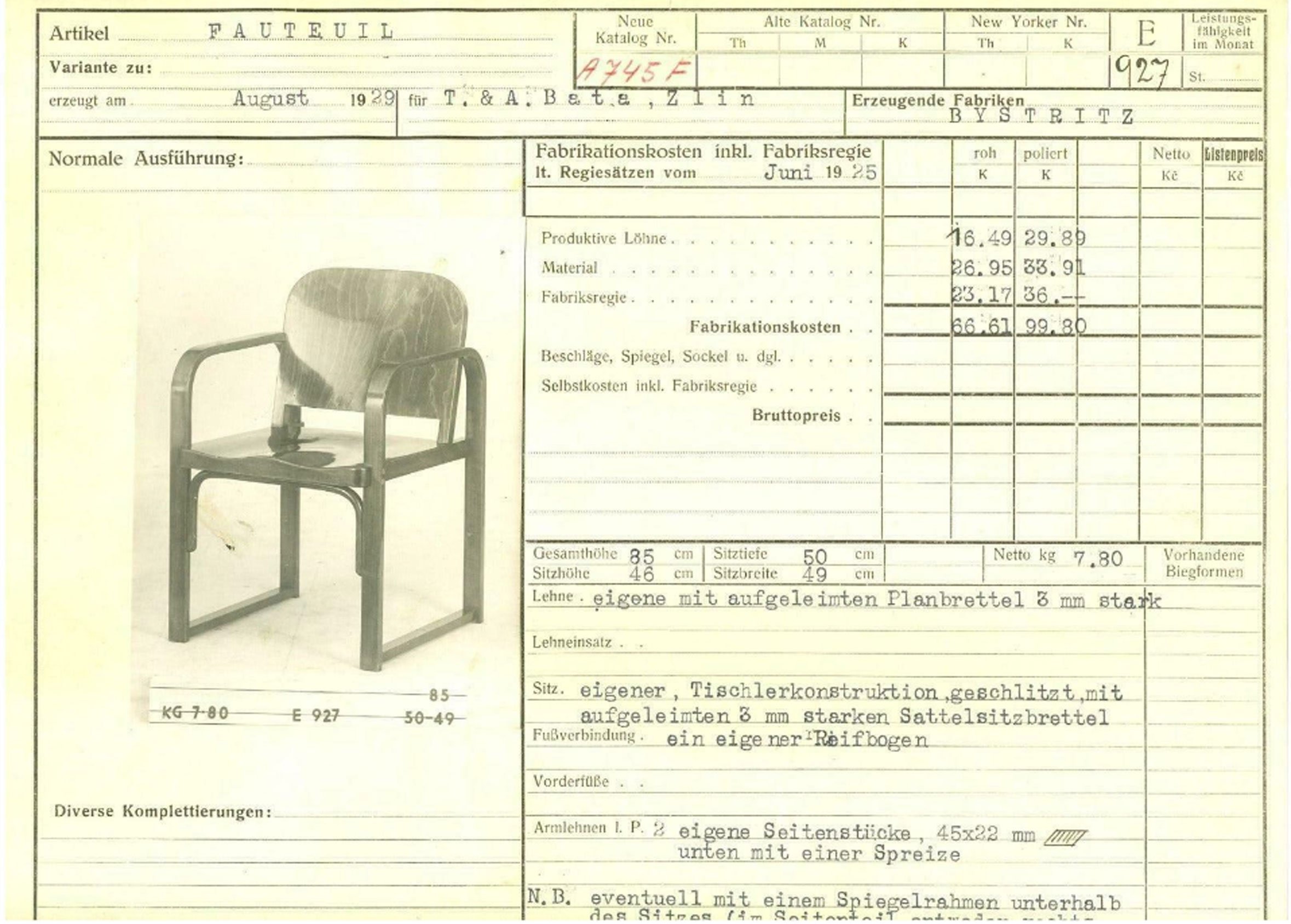 Original 1929 Thonet production card for the A 745 F armchair made for Baťa in Zlín