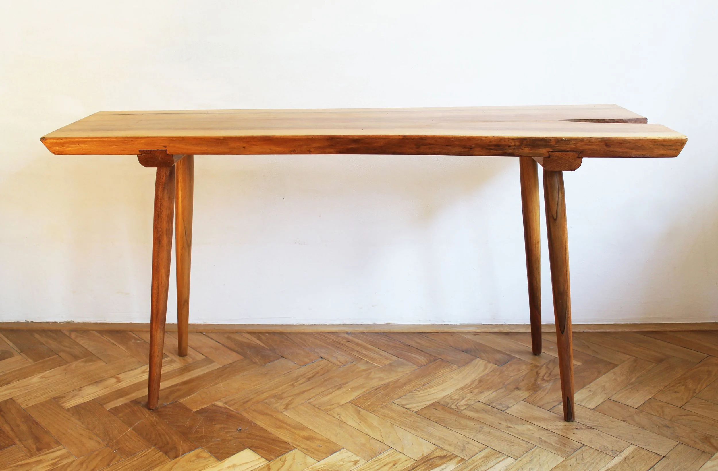 Rare ULUV mid-century oak table with curved freeform top, 1960s collectible design.jpg