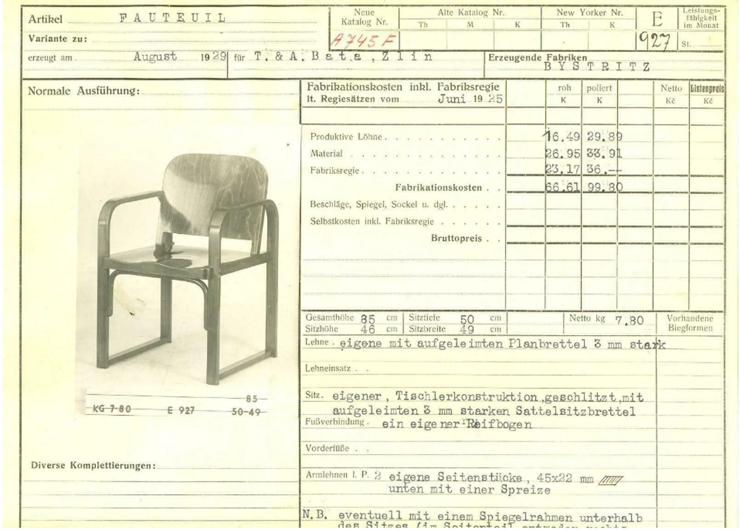 Original 1929 Thonet production card for the A 745 F armchair created for Baťa in Zlín
