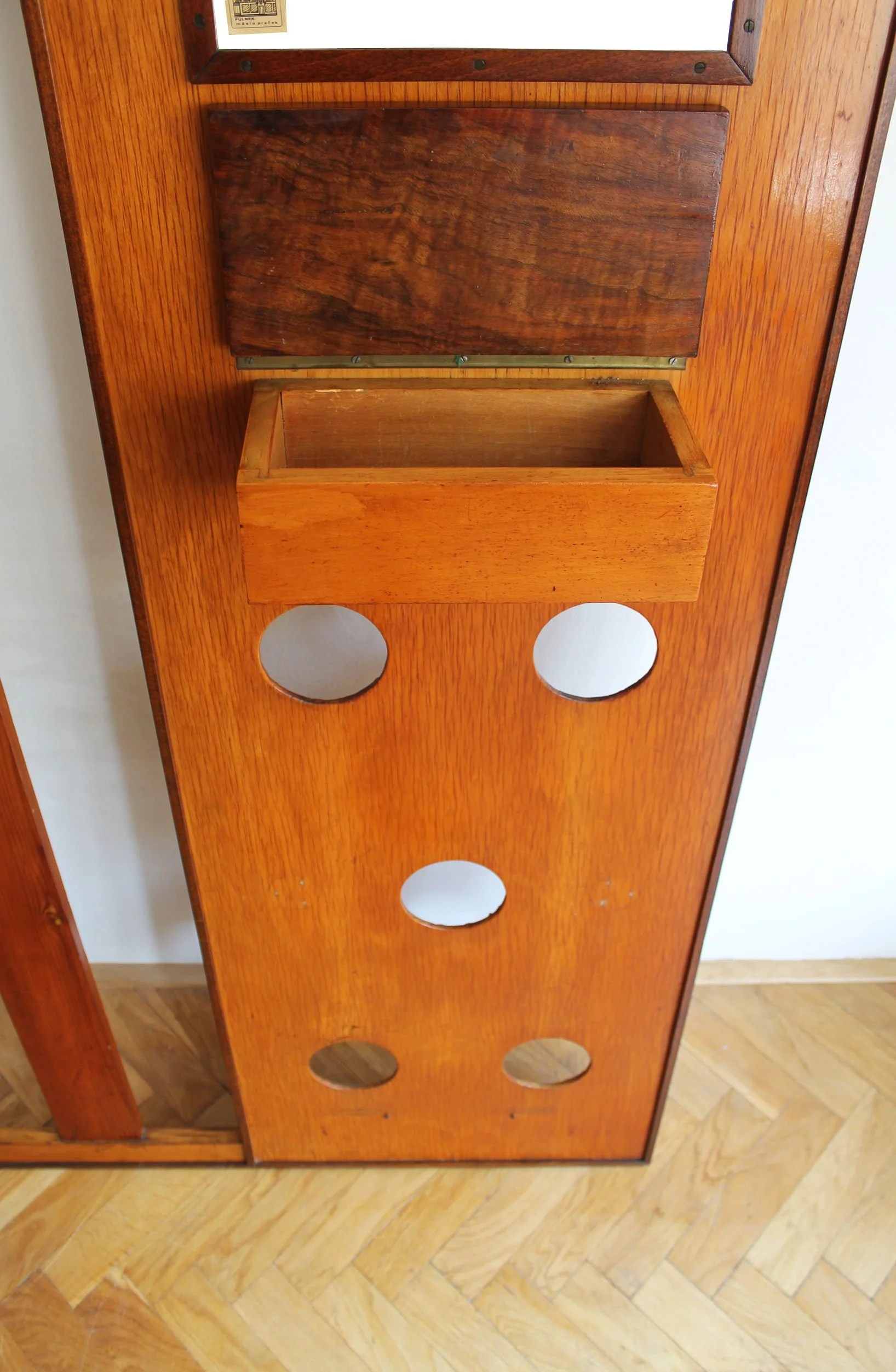 Authentic 1960s wall unit fragment with coat hooks, mirror, and wood storage drawe.jpg (Copy)
