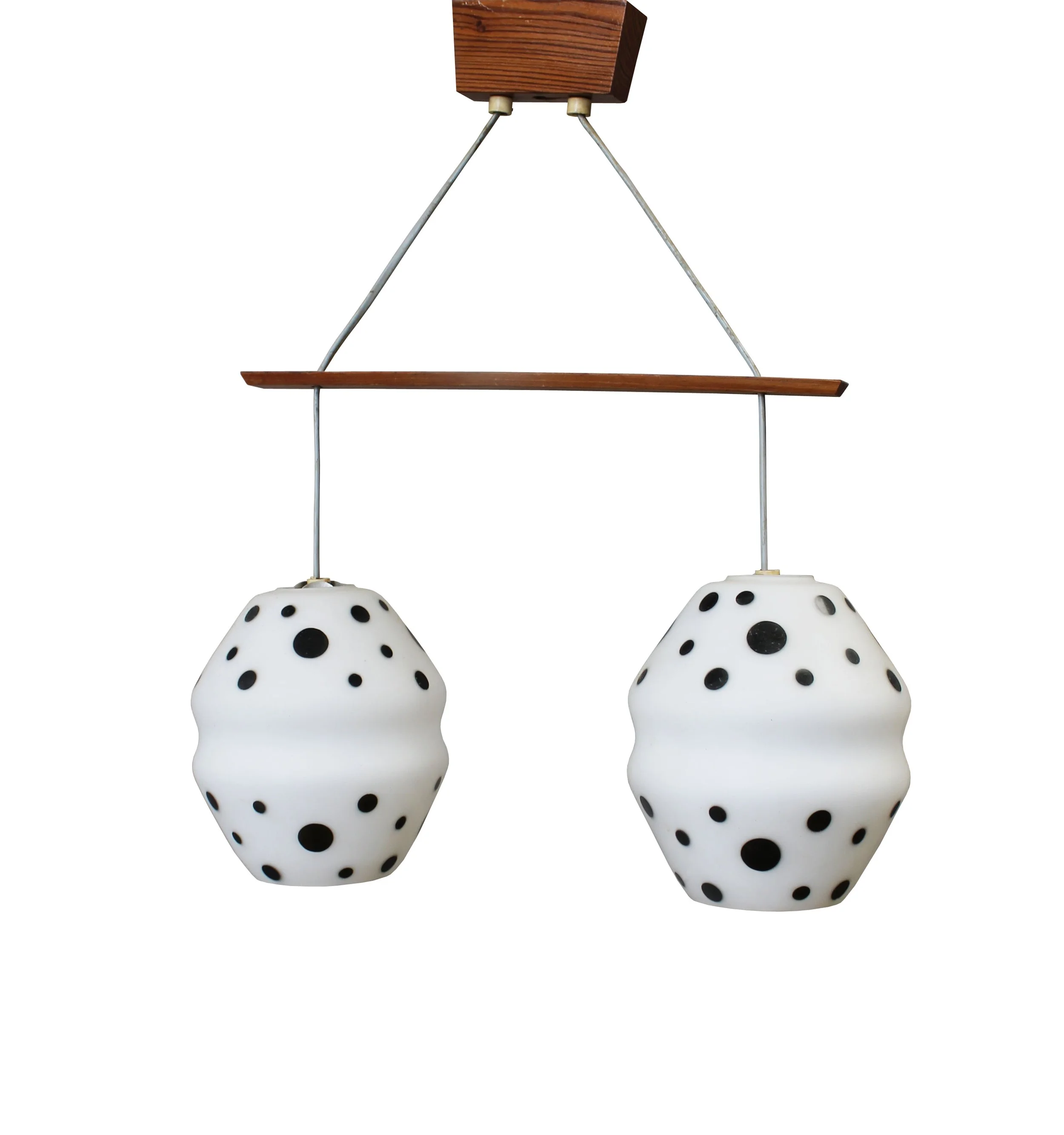 1960s Czechoslovak double pendant light with black-spotted white opaline glass shades and wooden frame
