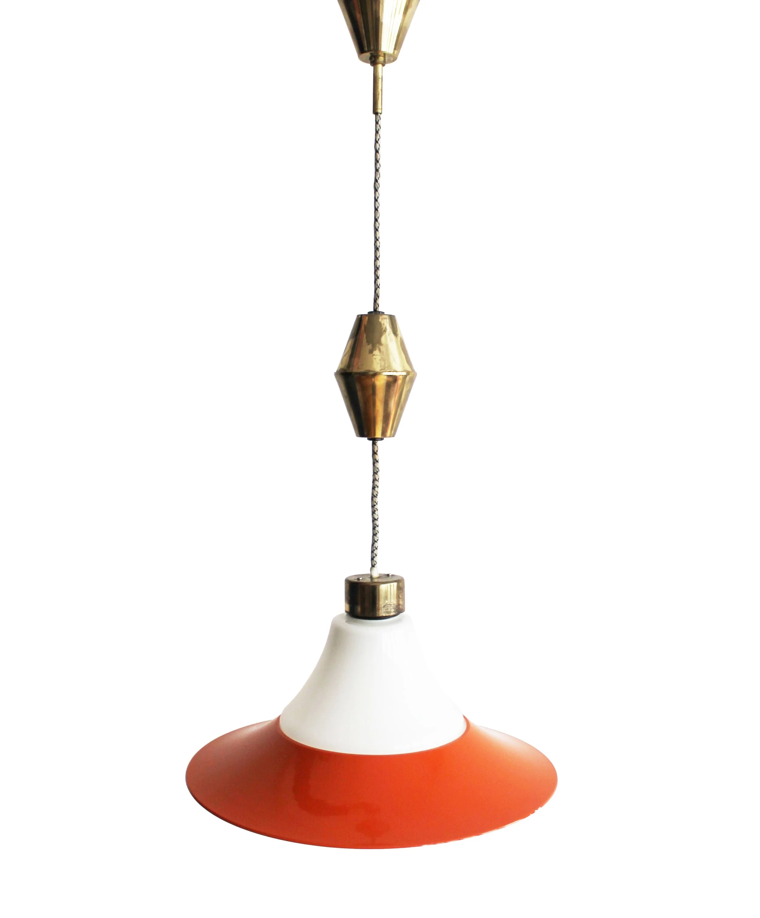 Front view of 1960s mid-century adjustable ceiling light in orange-red.jpg