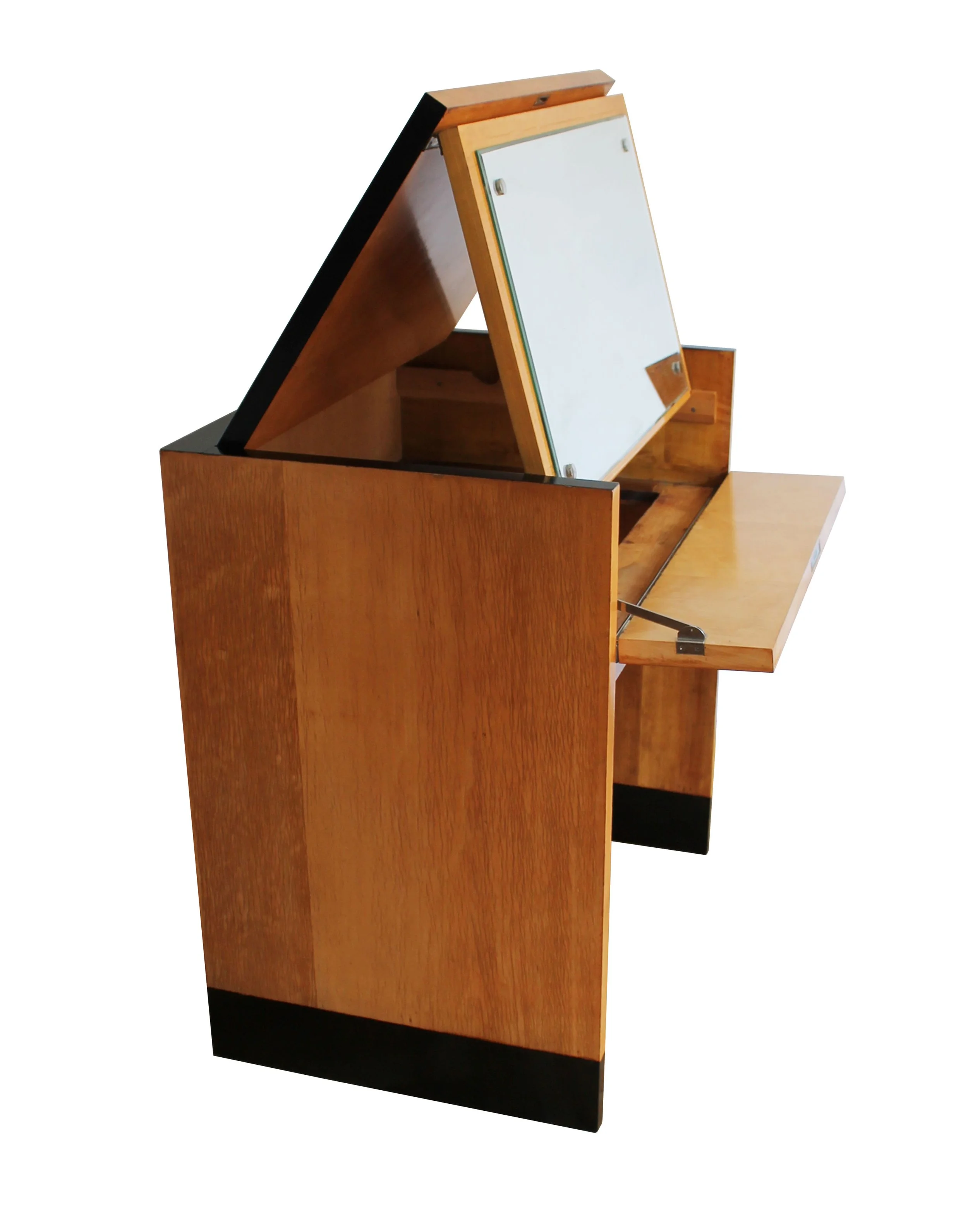 Front view of a 1950s Modernist dressing table in birch wood with hidden mirror.