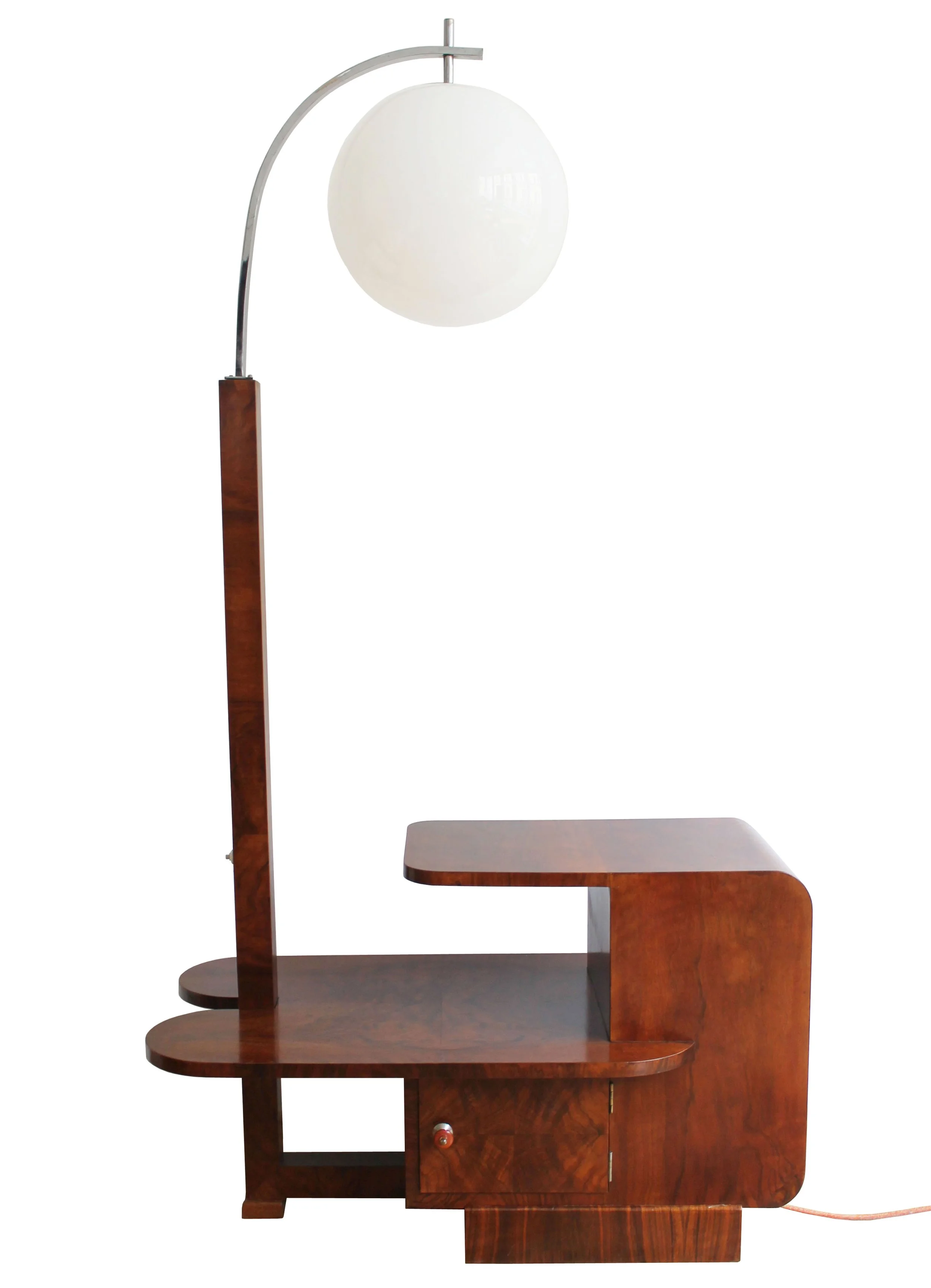 1930s Art Deco floor lamp with walnut cabinet, curved steel arm, and floating milk-glass globe — restored by By Barnabas, elegant blend of storage and sculptural lighting..jpg