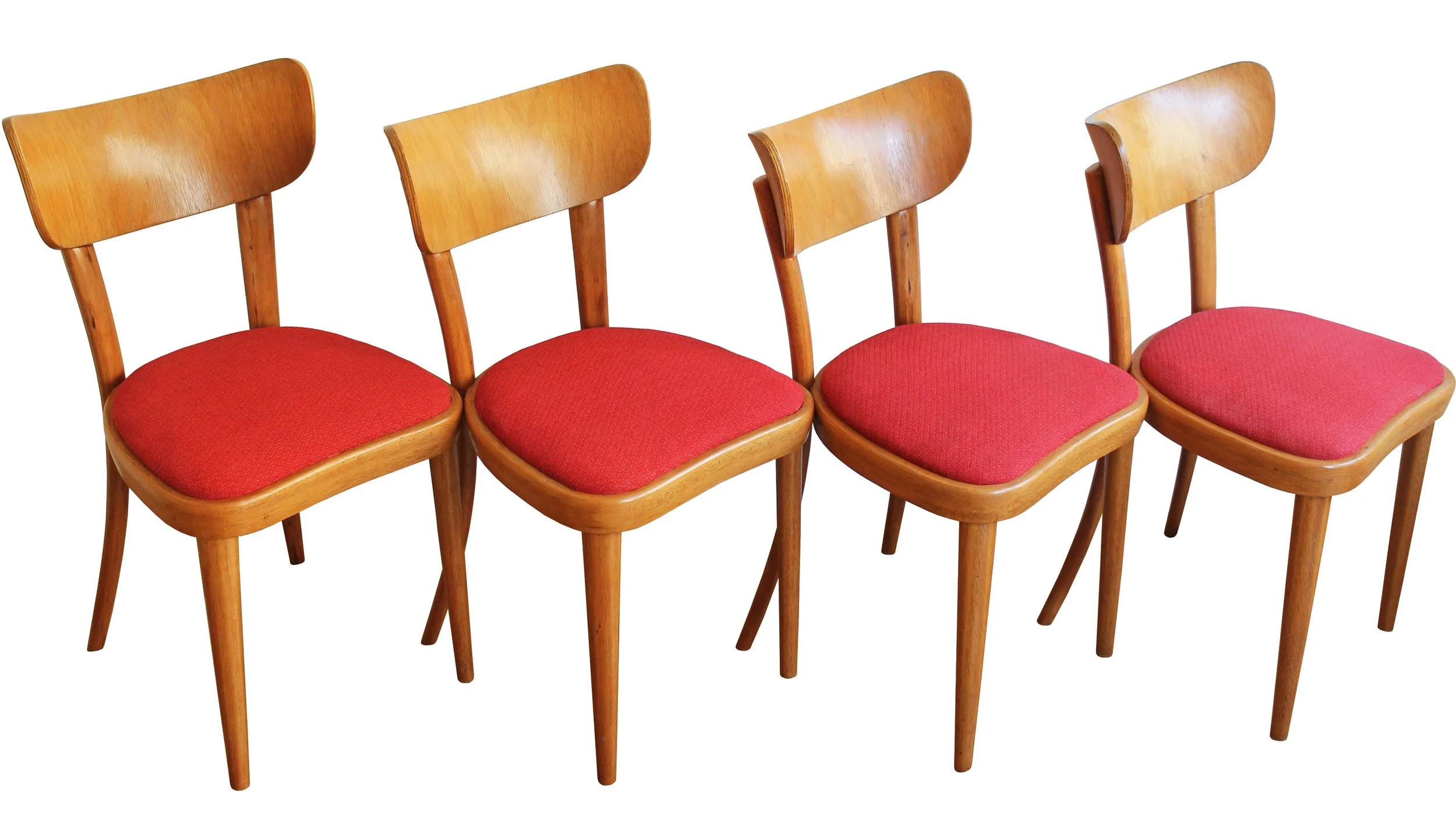 Set of four 1940s Thonet beech dining chairs with red seats.jpg