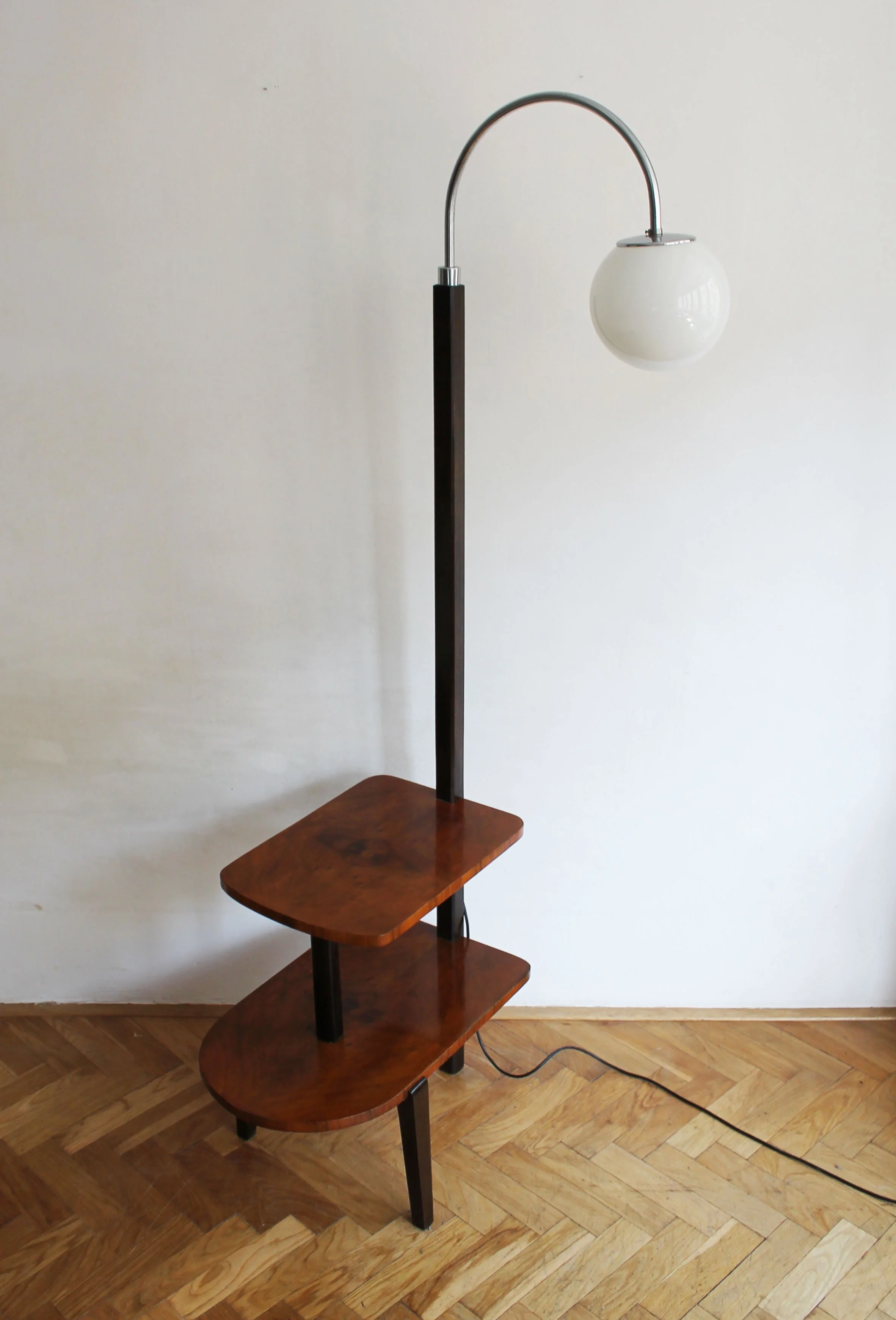 Detail of walnut veneer and dark beech wood on mid century lamp.jpg