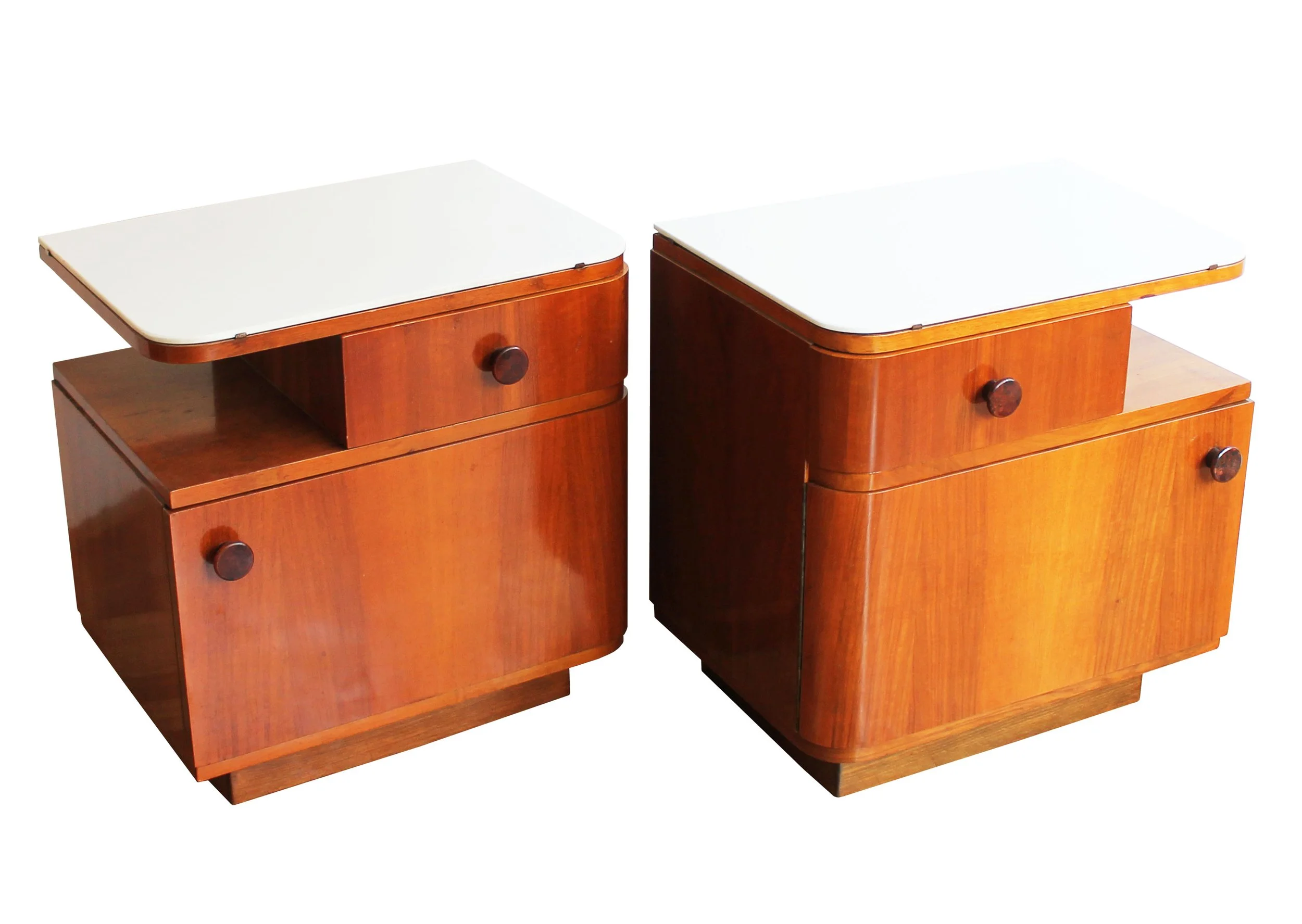 pair of 1950s mid century bedside tables with white opaxite glass tops.jpg