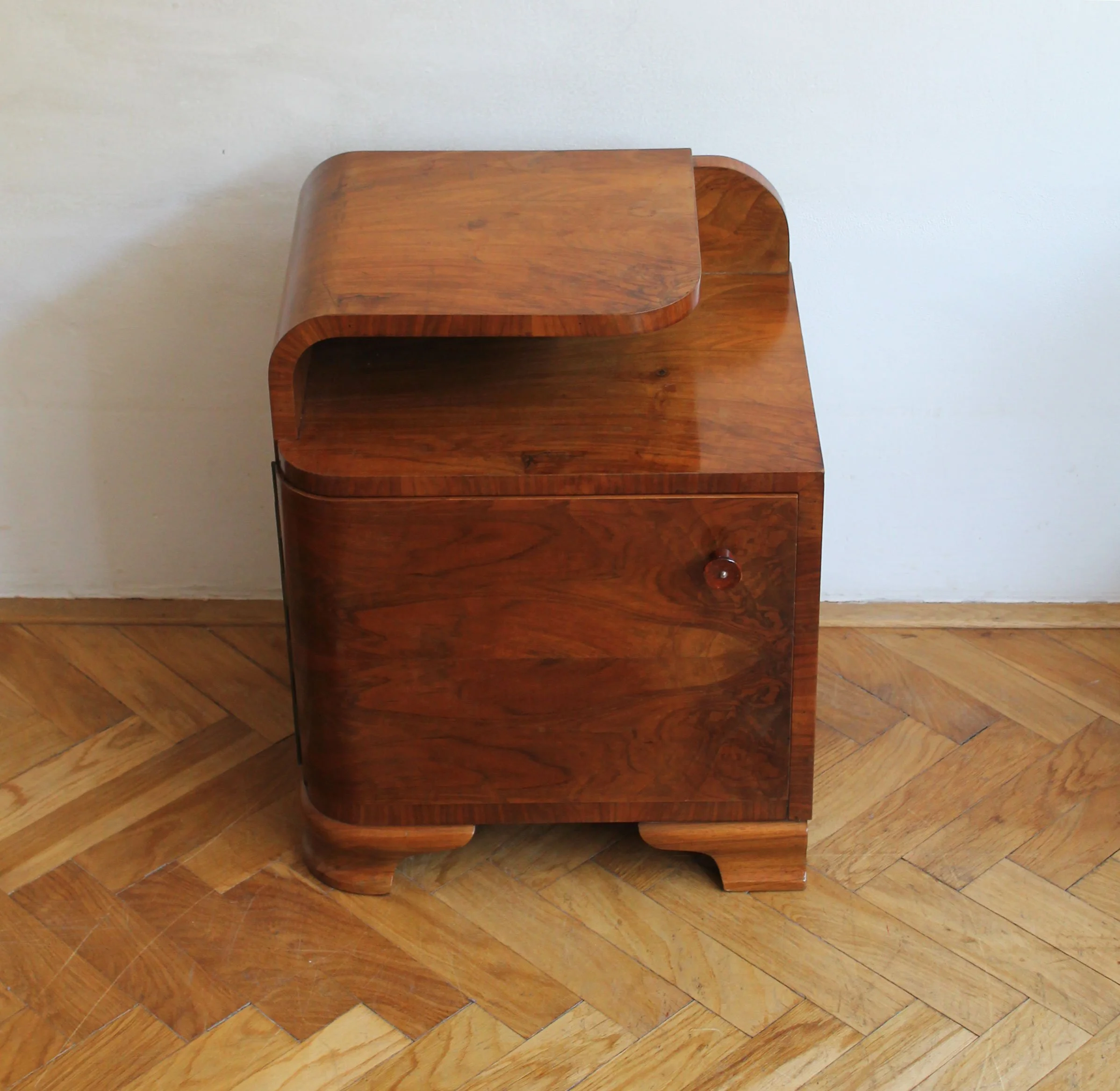 restored walnut veneer nightstand shellac finish shine.jpg