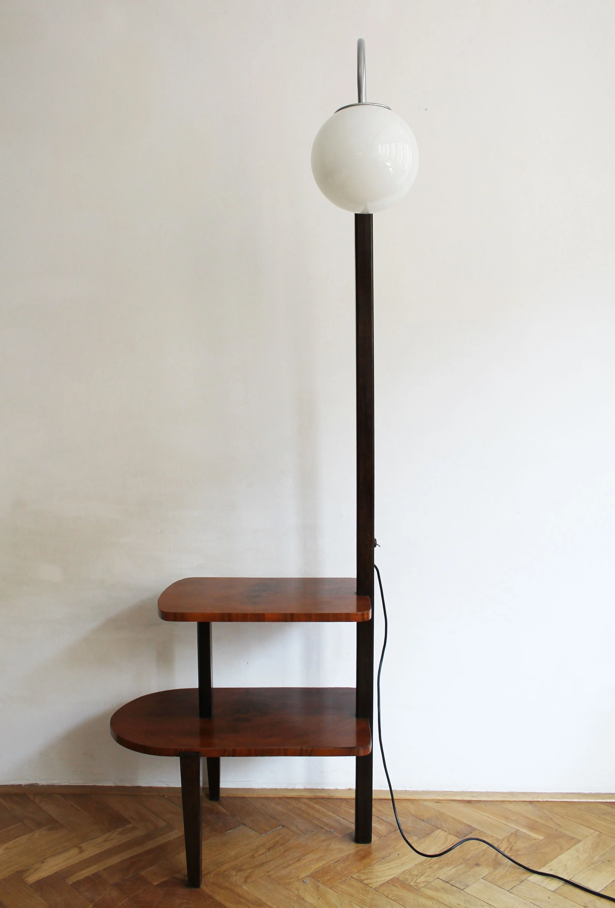 Sculptural mid century modern floor lamp with walnut veneer shelves.jpg