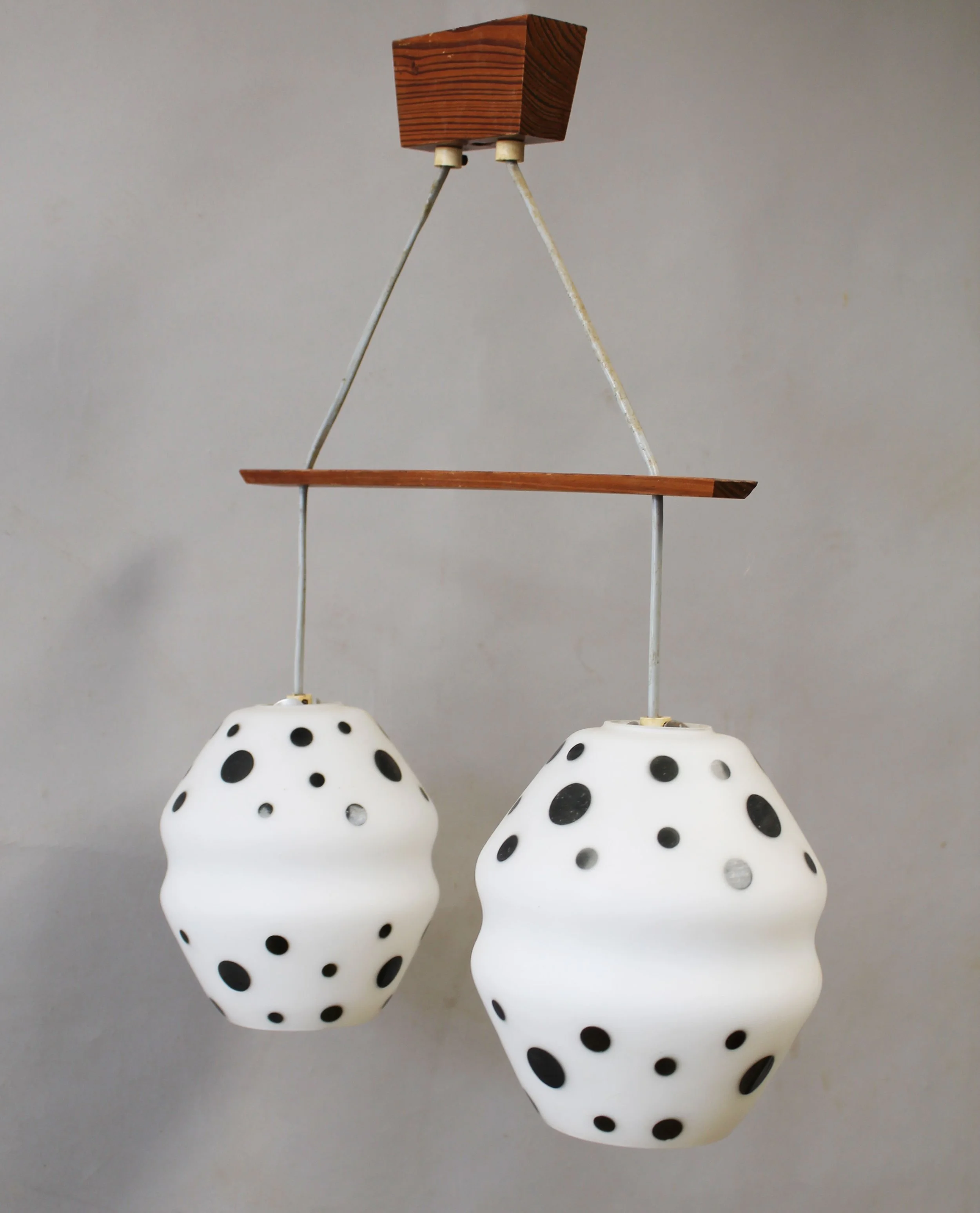 1960s Czechoslovak double pendant illuminated with two spotted opaline glass shades