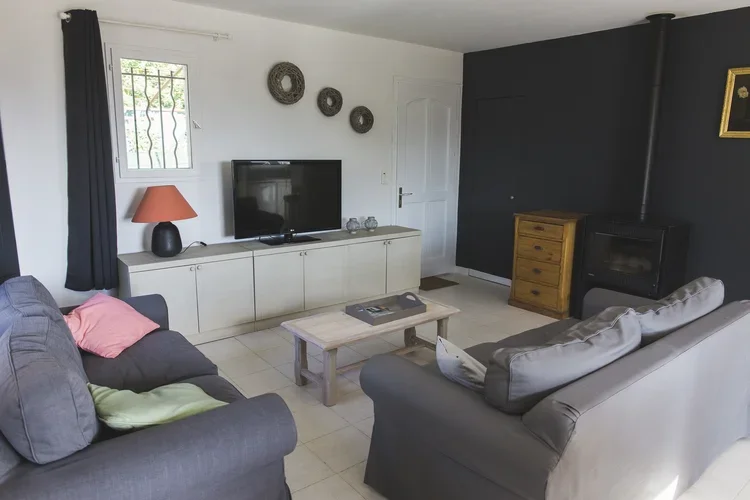 Living room with a TV on a white cabinet, a black wall, a wood stove, two gray sofas, a wooden coffee table, a side table, and some wall decorations.