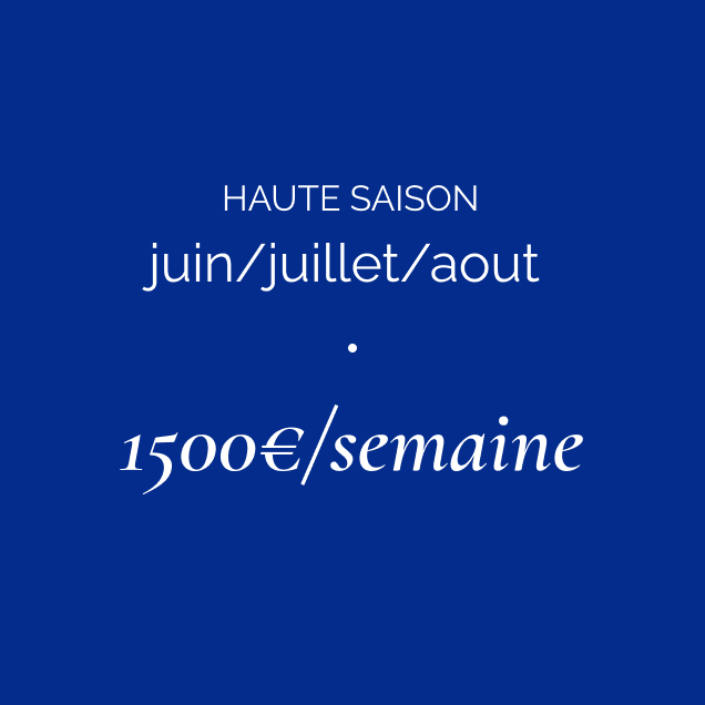 Text on a blue background advertising high season pricing for June, July, and August at 1500 euros per week.