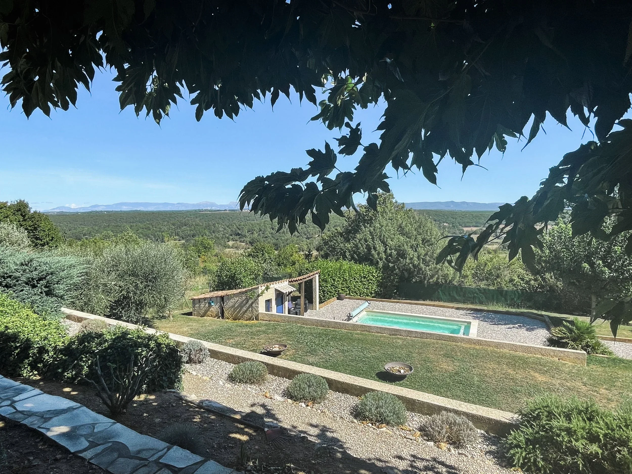 A backyard garden with a swimming pool, lush green trees, and a view of distant mountains under a clear blue sky.
