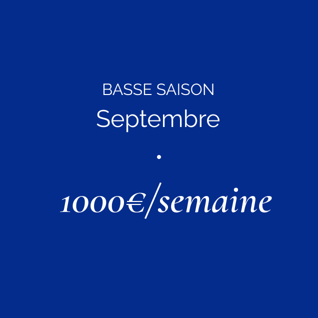 Blue graphic with white text advertising bass fishing season in September, costing 1000 euros per week.
