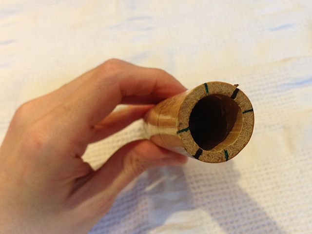 45° angles marked all the way around. This is where you will split the cane.