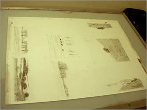 The first stage: 7 key drawings, using a lithograph pencil