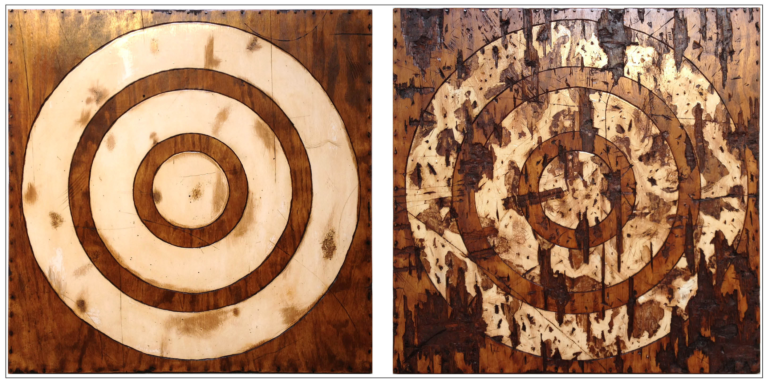  A Tale of Two (diptych)  48” x 96” x 2”  oil paint, latex paint, shellac,&nbsp;  plywood, masonry nails&nbsp;  2013 