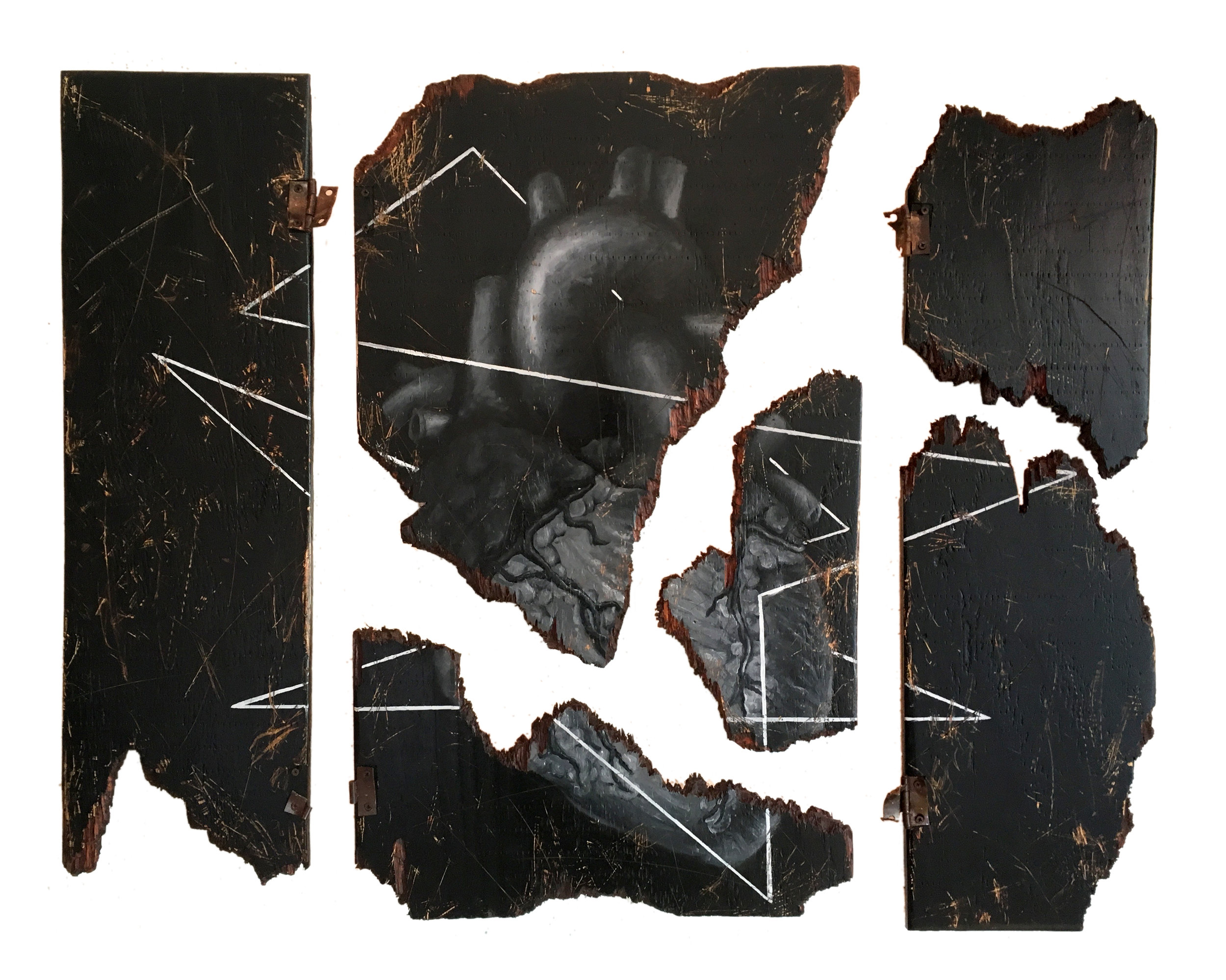  Dark Matter  34 x 26  Oil paint in wood, rusted metal hinges  2017    