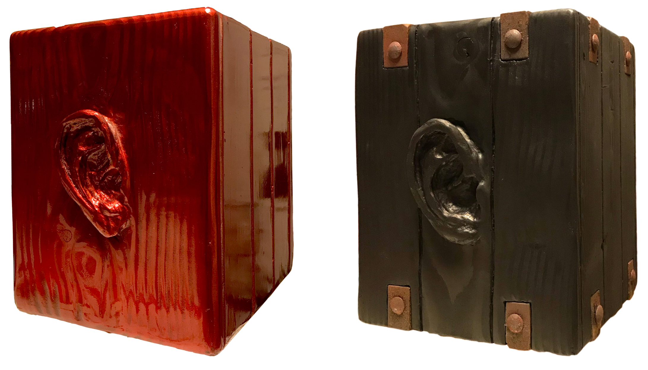  The Tell-All Earbox: model no. C3l3stial-4 &amp; 1dustr1al-2   8-1/2” x 10-1/2” x 8-1/2”   Spray paint, urethane paint, steel, wood   2019  *Sold (both) 