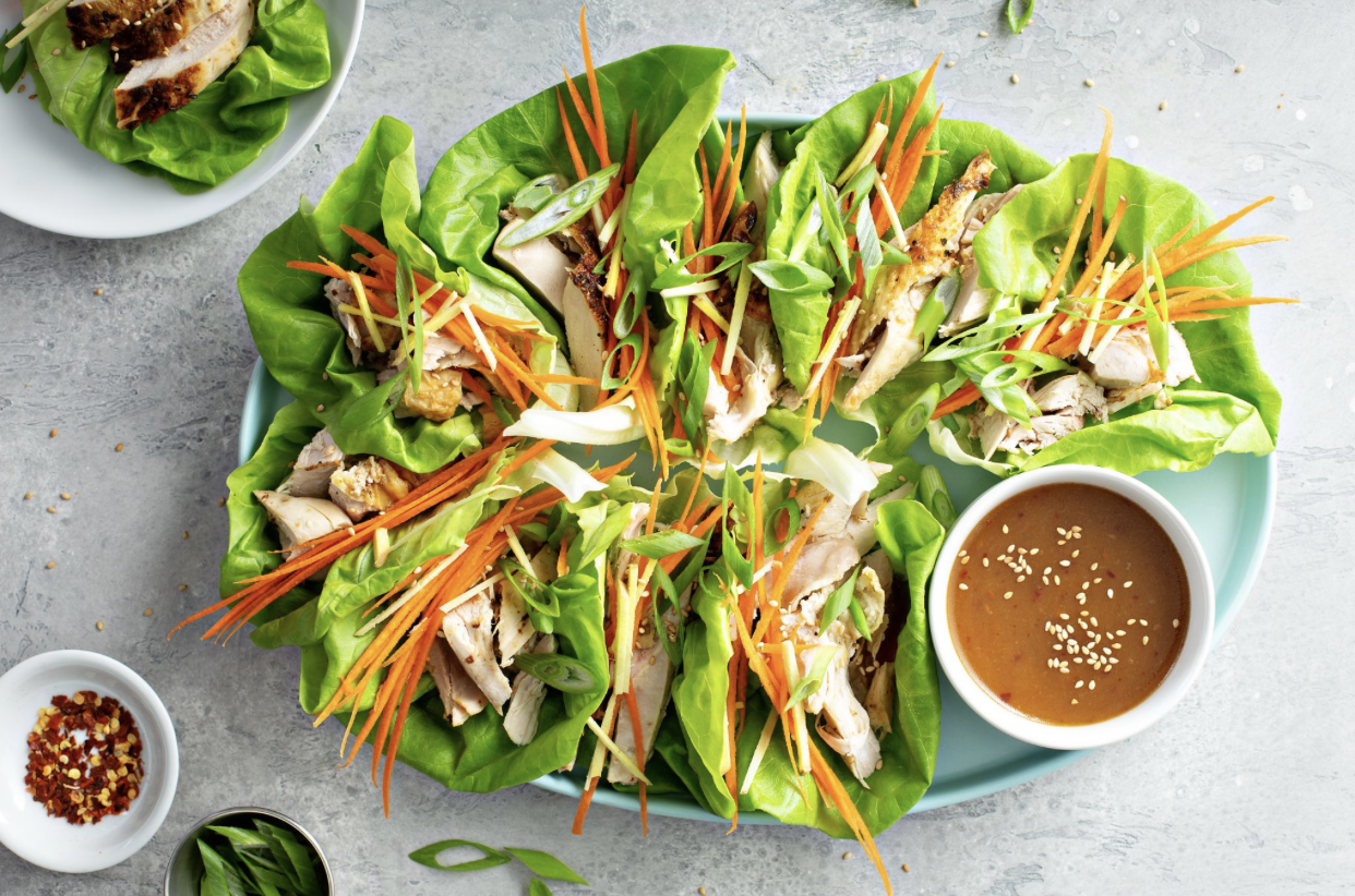 cold high-protein lunch with cooked shredded chicken in lettuce