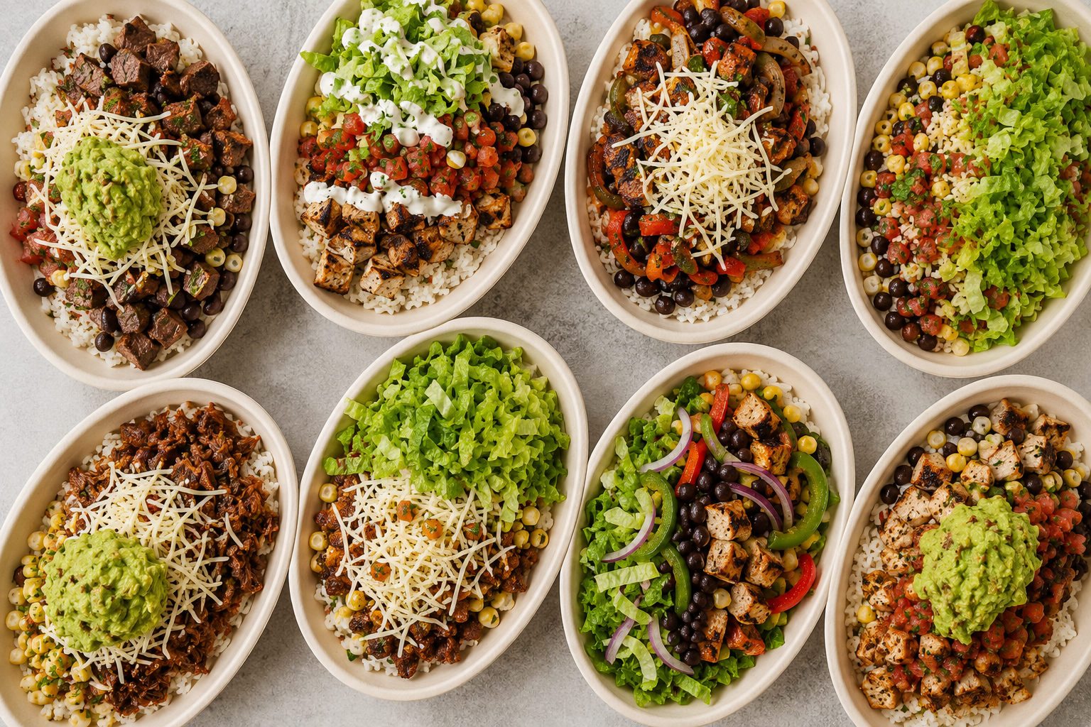 Multiple healthy Chipotle bowl variations designed for different nutrition goals