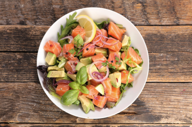 healthy fat-rich salmon salad with vegetables