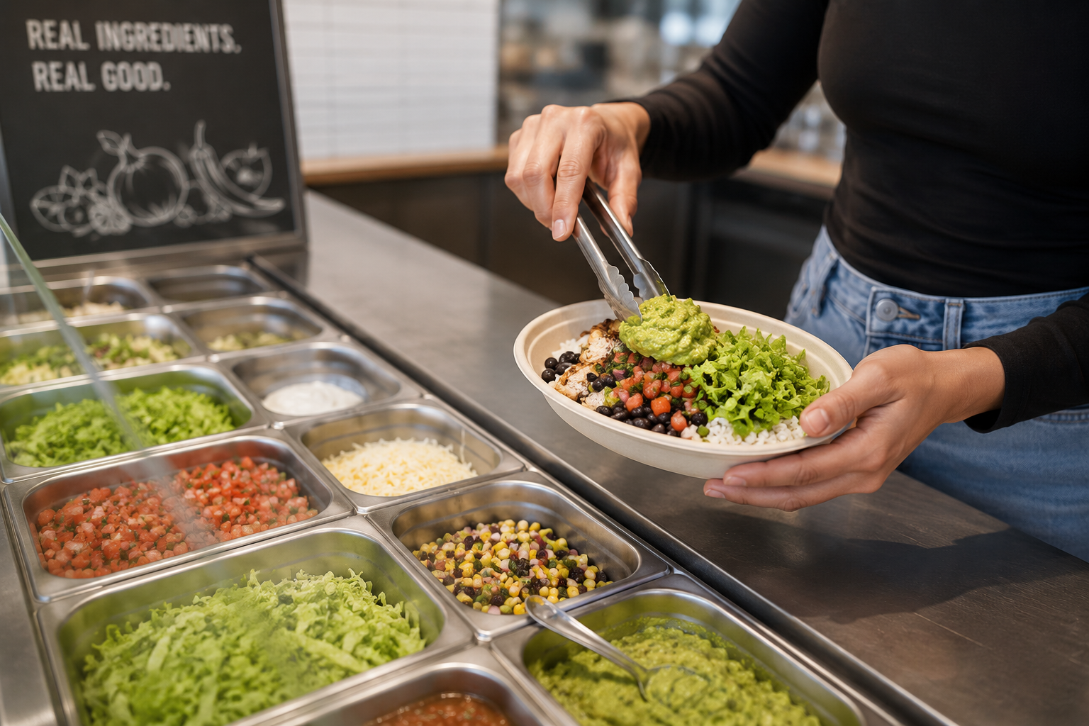 a customer building a healthy chipotle bowl