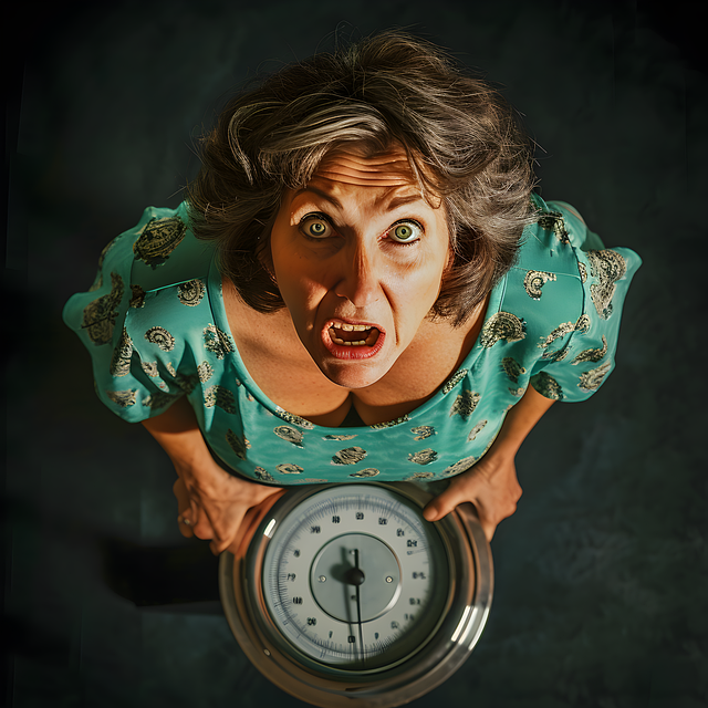 a surprised woman holding a scale in her hands