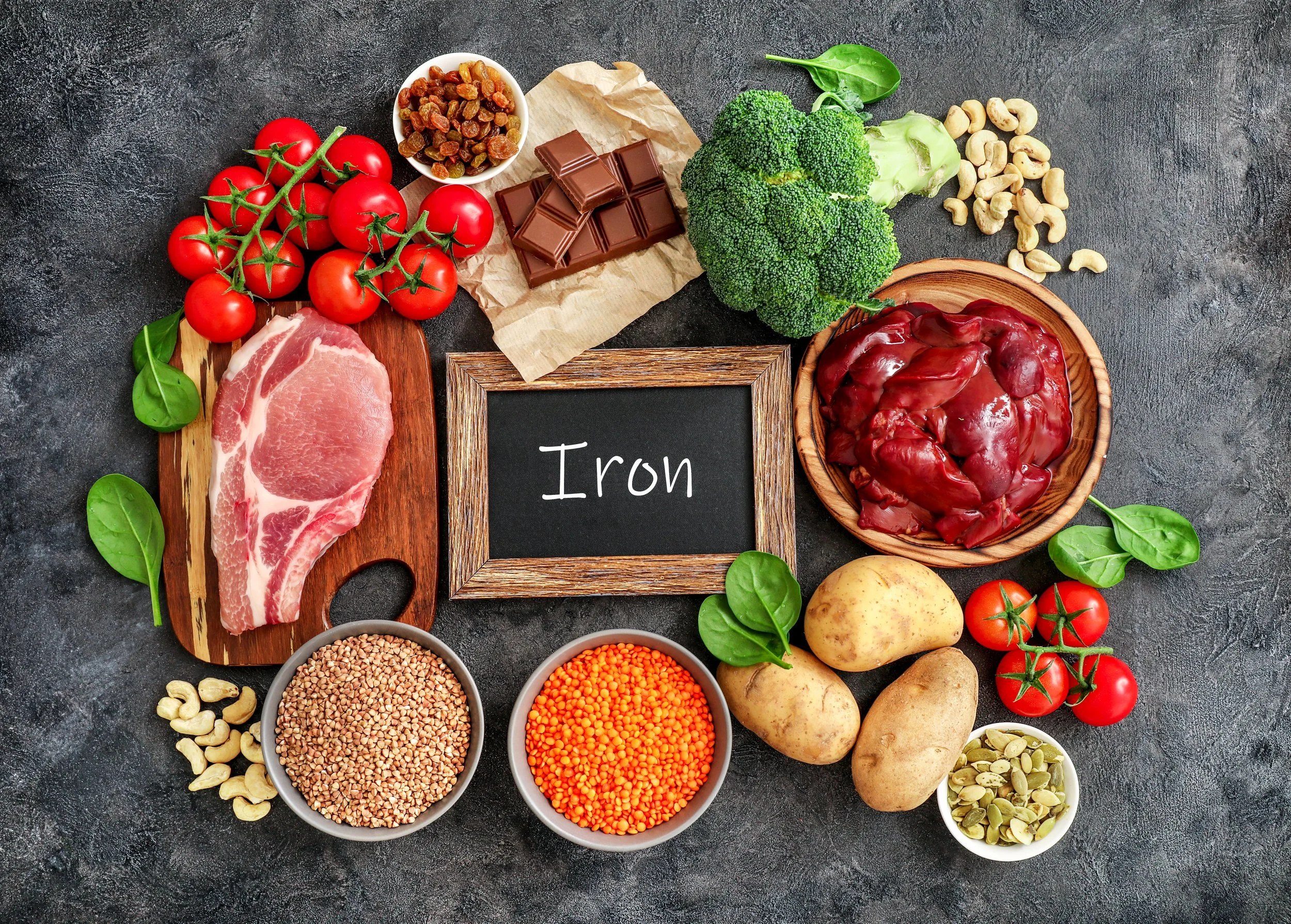 iron-rich foods for women: lentils, liver, potatoes, tomatoes, pumpkin seeds, and more