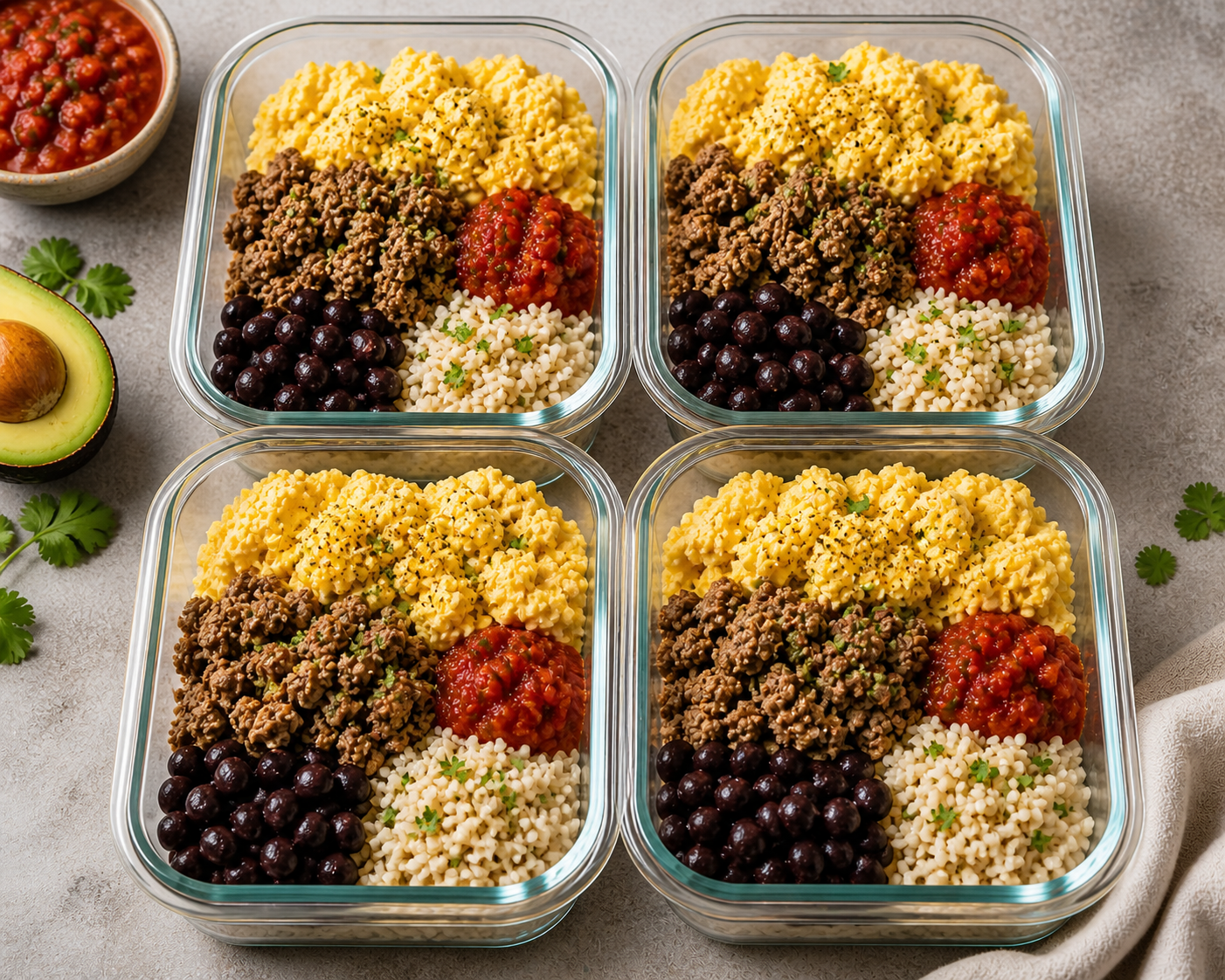 meal prepped breakfast burrito bowls