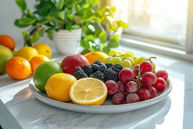 an assortment of fruit and vegetables on the plate