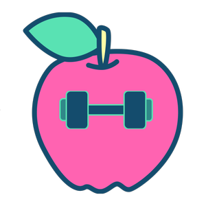 Strong with Sarah pink apple and navy dumbbell logo mark