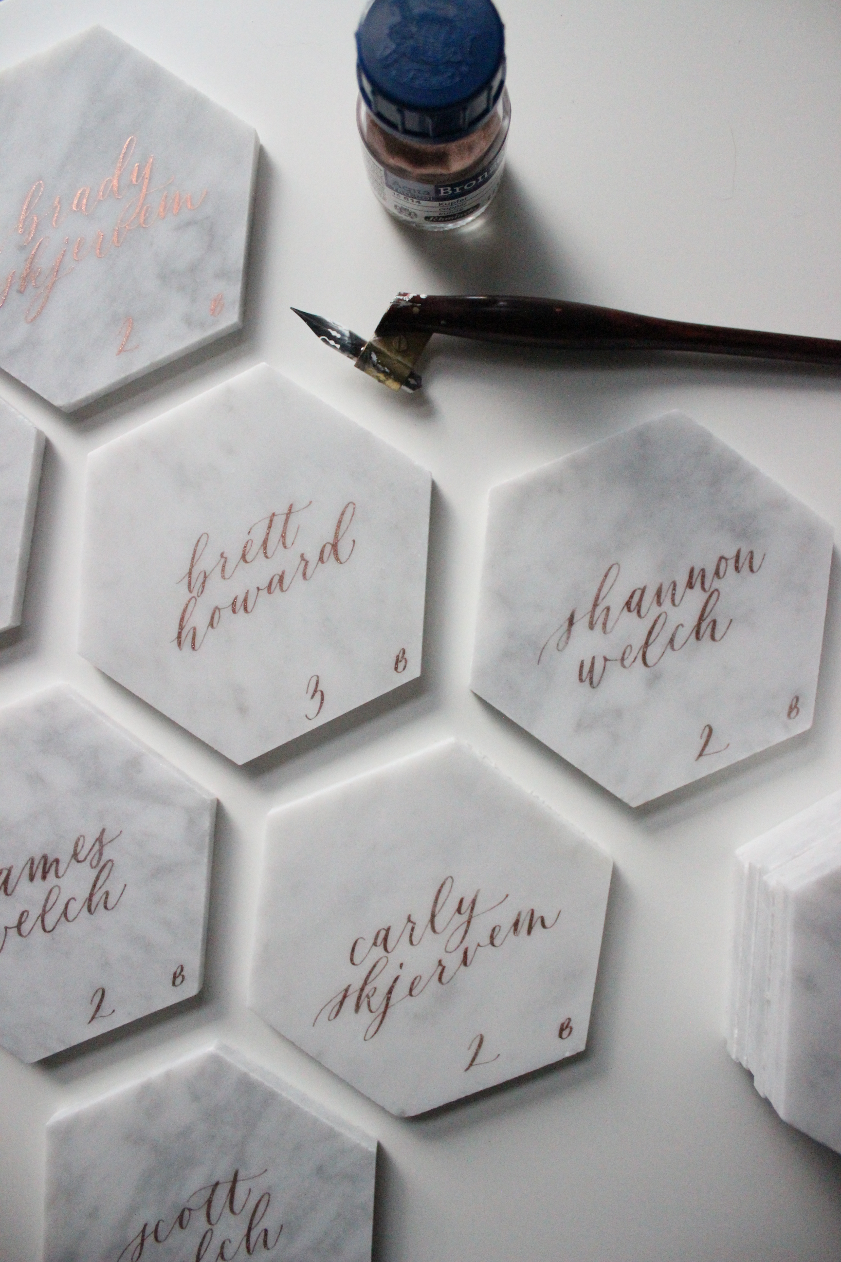 Miranda Writes | Modern Calligraphy on Marble Tile Place Cards