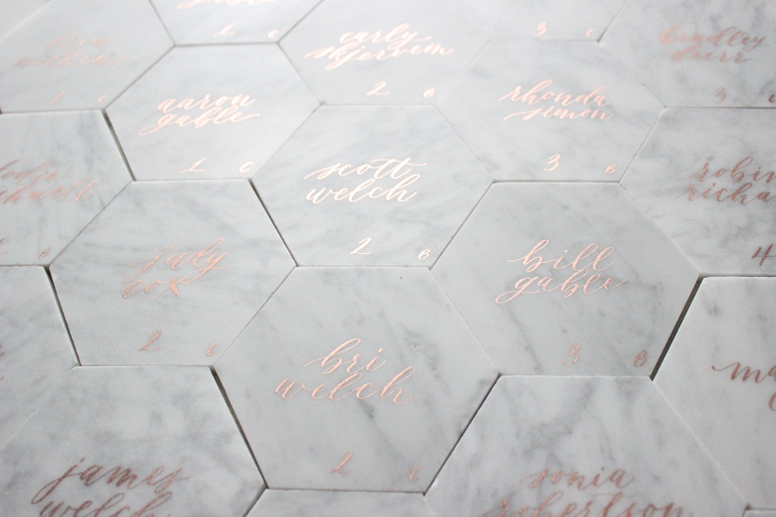 Miranda Writes | Modern Calligraphy on Marble Tile Place Cards