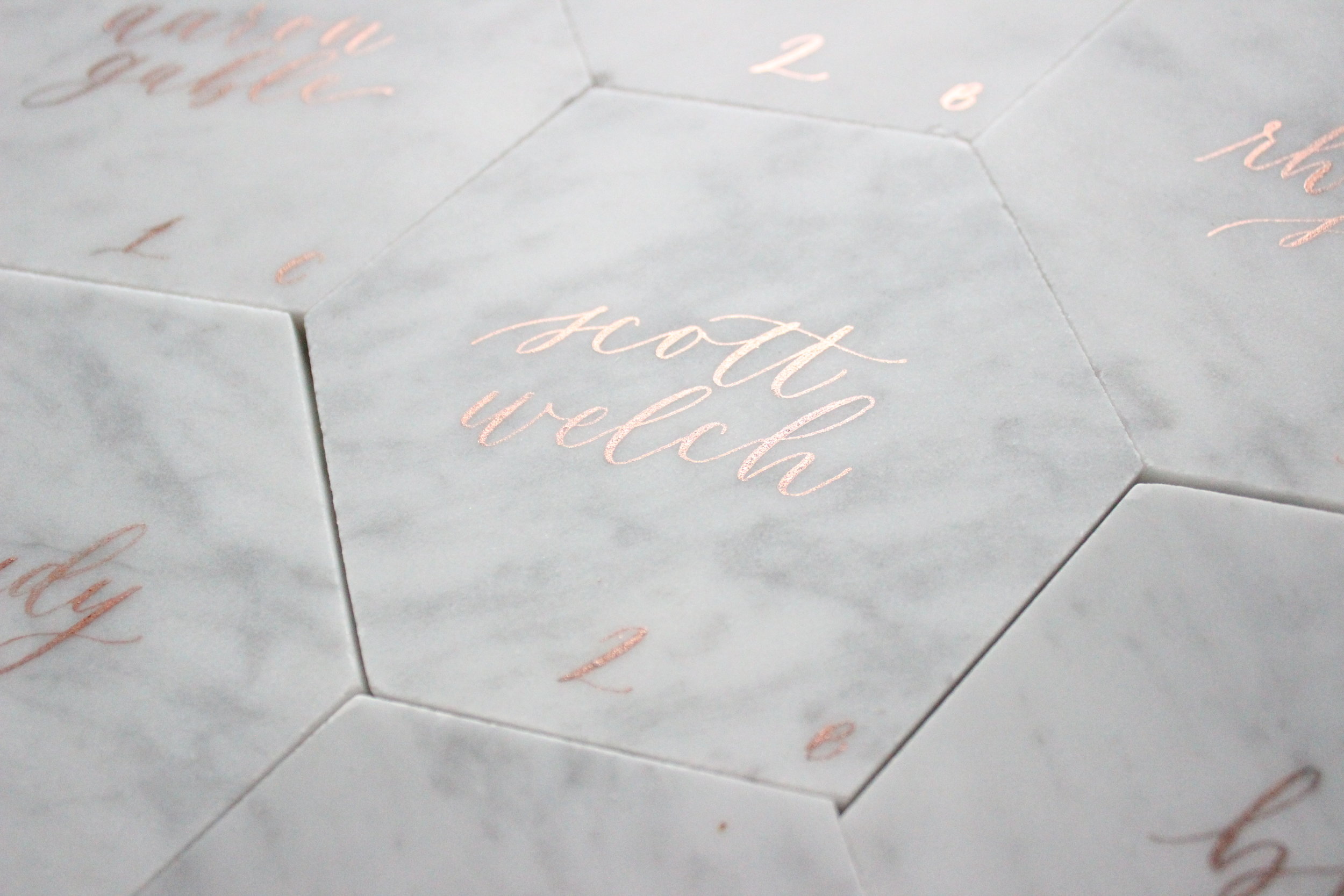 Miranda Writes | Modern Calligraphy on Marble Tile Place Cards