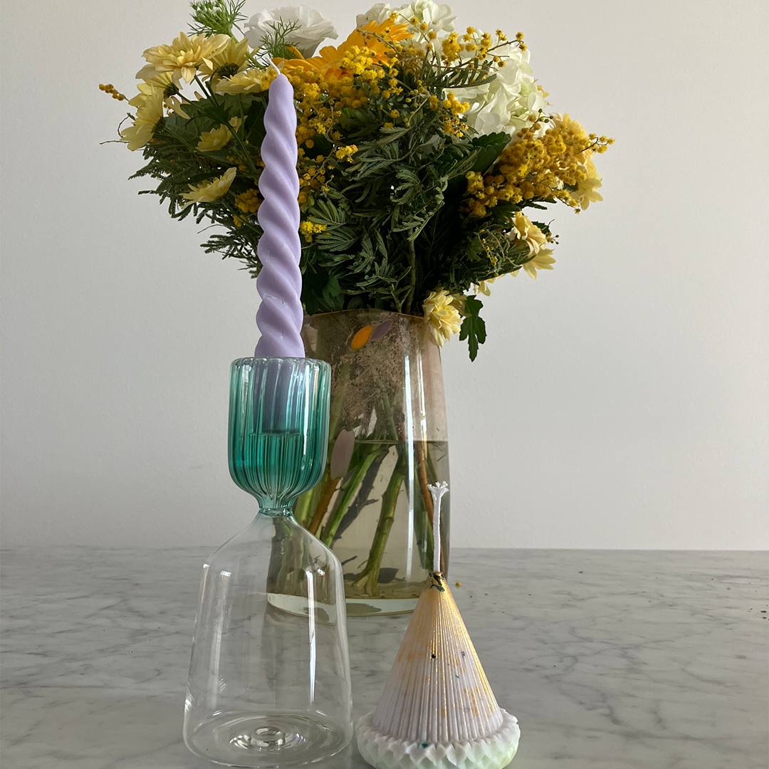 ________ photo: lilac spiral taper & gold, lilac, spring grass, confetti fête candle (soy wax, beeswax, biodegradable glitter)