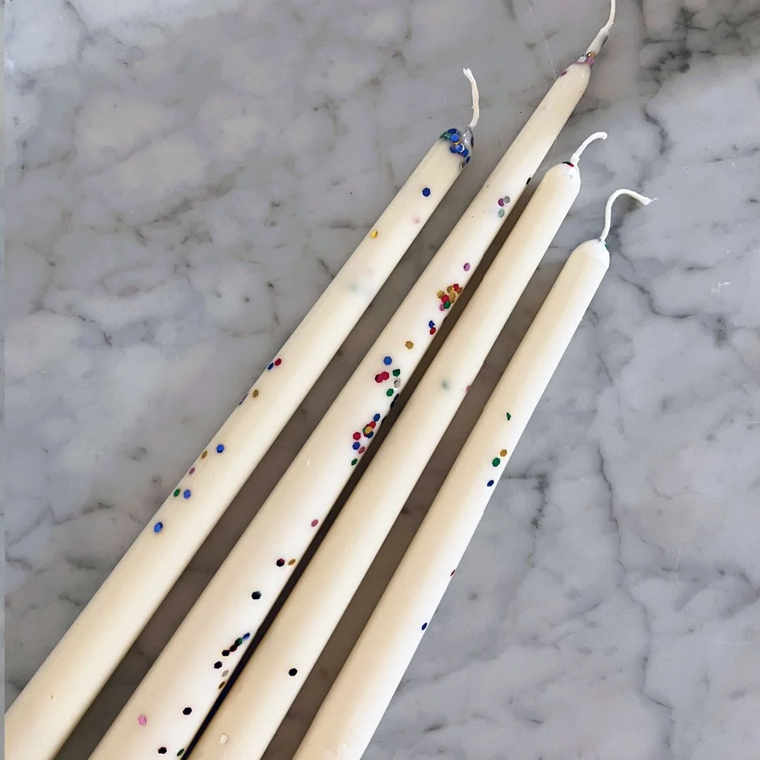   Holiday Tapers : soy/beeswax, biodegradable glitter (10” &amp; 13”)  