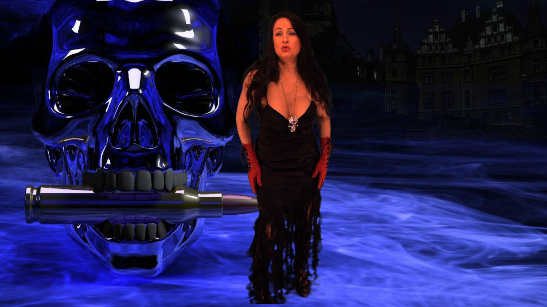 Judy Vamp-Shire filming the opening scene for her TV Show: Nightmares From The Vampires Lair. Hosting: The House On The Haunted Hill