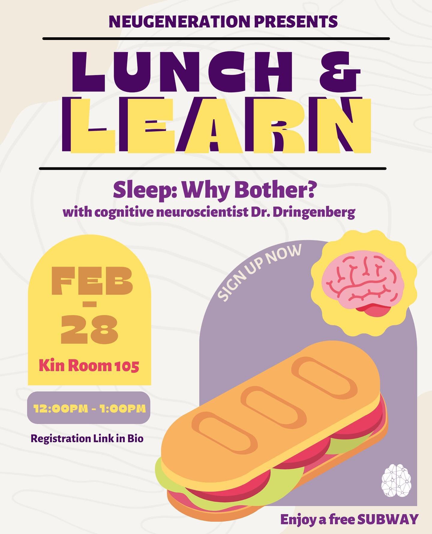 REMINDER! Register now for our mini speaker event tomorrow!! Take a quick study break and enjoy a free subway sandwich when you attend. We look forward to seeing you all there. Registration link in bio!🧠