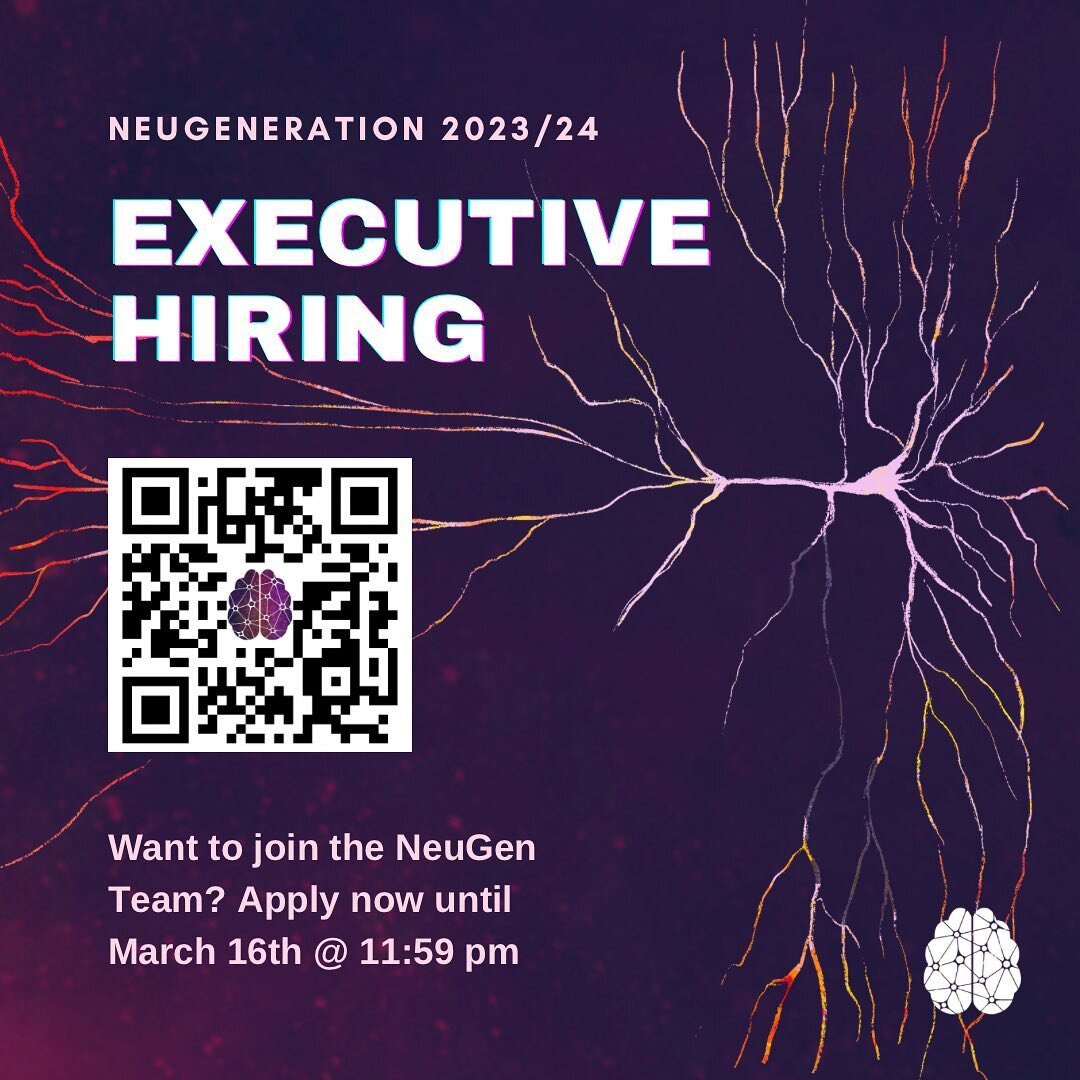 ATTENTION! NeuGen has opened exec hiring until March 16th. Are you interested in joining our team of motivated students sharing an interest in neuroscience? Join our team! Click the link in our bio or scan the QR to view available positions. We will 