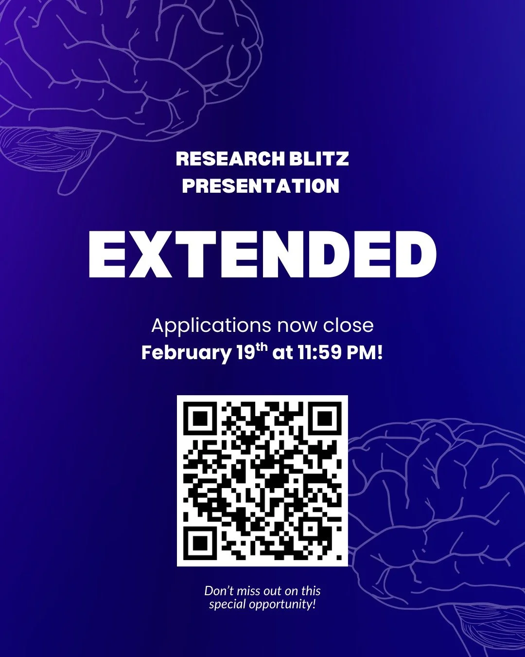 ❗️EXTENSION❗️&mdash; Research Blitz Presentation applications have been extended until February 19th at 11:59 PM! 🗓️

Don't miss out on this special opportunity - click the application link in our bio!