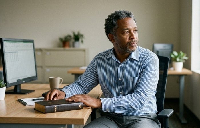 A middle-aged man with curly hair and a beard sitting at a wooden desk in an office, looking to the side. He is wearing a blue and white striped dress shirt. On the desk, there is a closed book, a white mug, and some papers. In the background, there is a filing cabinet, some potted plants, and a window with sheer curtains.