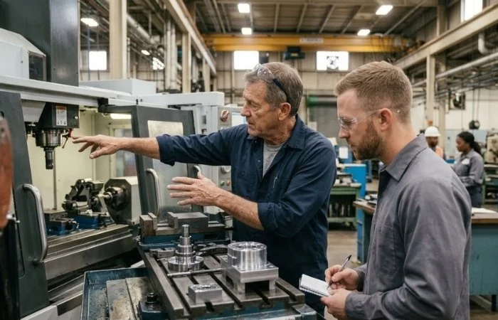 Two men working with machinery in a factory, one explaining a process to the other, with several other workers in the background.