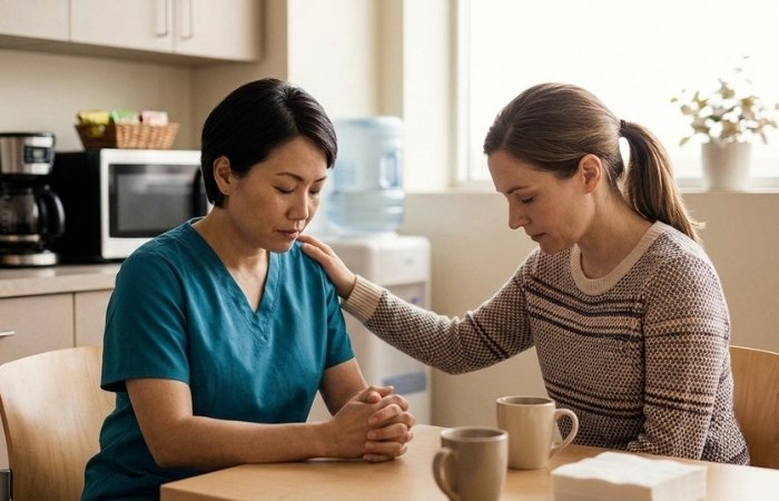 Two women sitting at a kitchen table, one wearing scrubs and the other in a sweater, with one woman comforting the other.