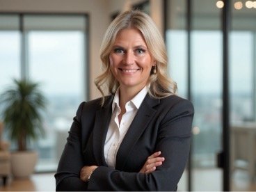 Portrait of a smiling blonde woman in a black blazer with arms crossed inside a modern office with large windows and a view of the city.