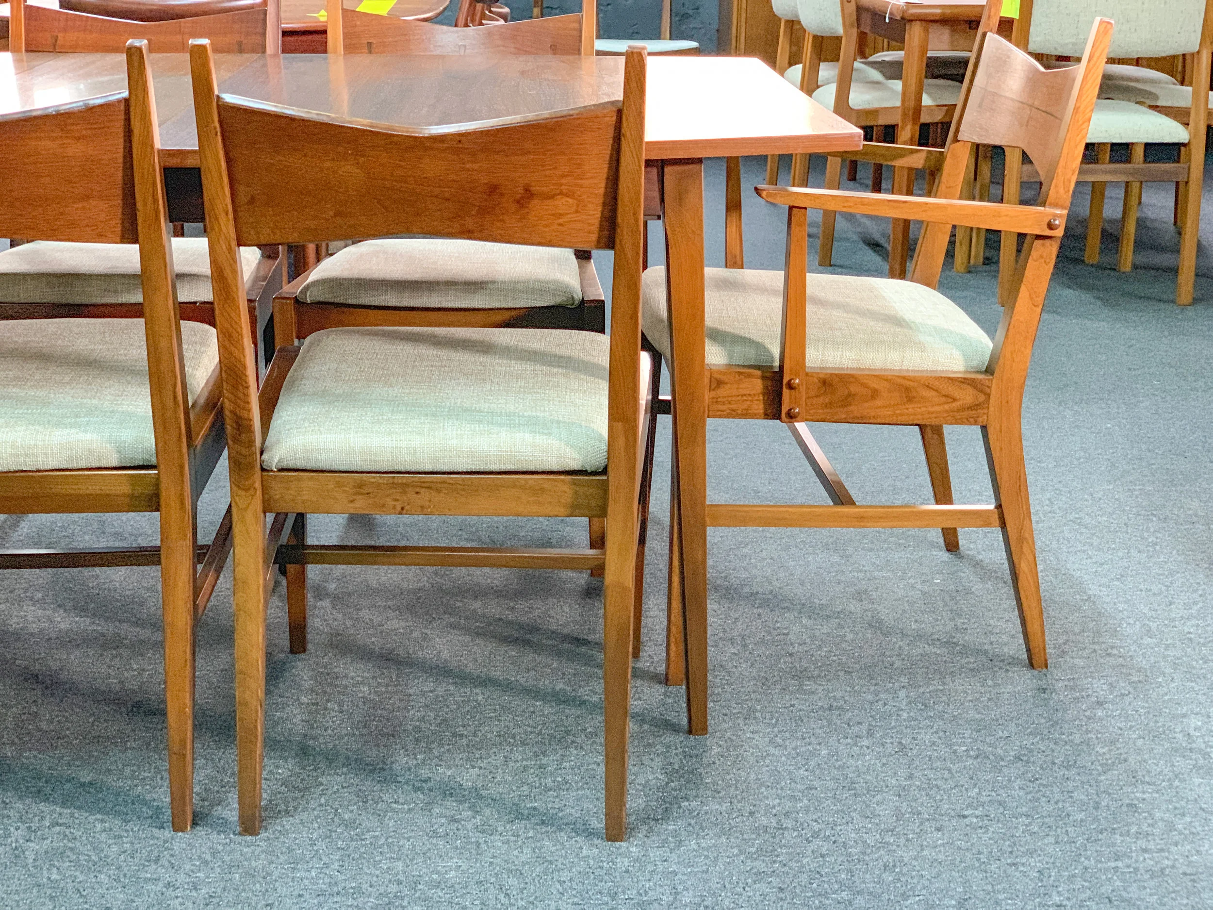 Mid Century Furniture Warehouse Dining Table 31 W X 3 Leaves 12 Each 42 D 29 H 1200 Set Of 10 Chairs 18 25 Seat 24 20 2500 2 Captain 8 Side