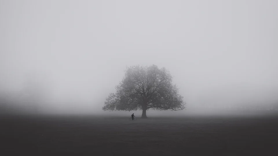 Cyclist in London fog