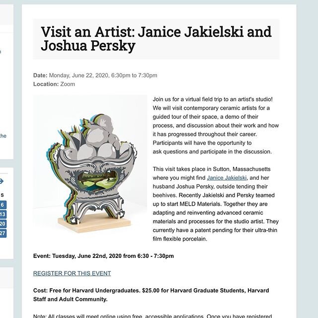Join Joshua and I on June 22nd for a virtual evening tour of our studio and laboratory. We&rsquo;ll be discussing our collaboration, process and work. Hosted by the Office of the Arts at Harvard, register here: https://ofa.fas.harvard.edu/event/visit