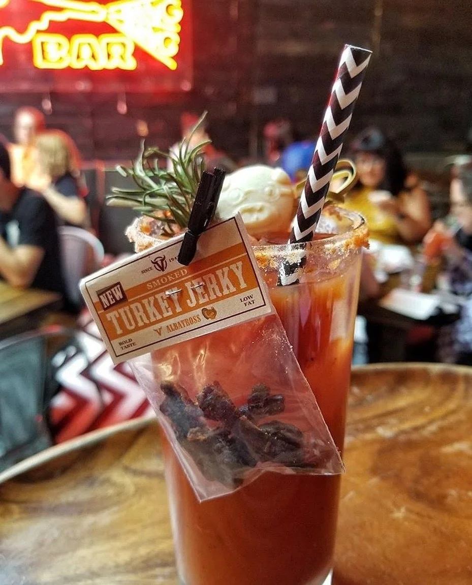 When @chefaaronmelendrez broke the @twinpeaks socials with the best damn Bloody Mary crafted. Complete with Jerry Horne&rsquo;s legendary smoked Gouda pig head and Sarah Palmer&rsquo;s smoked turkey jerky garnishes (garnish queen&rsquo;s dream🤩).